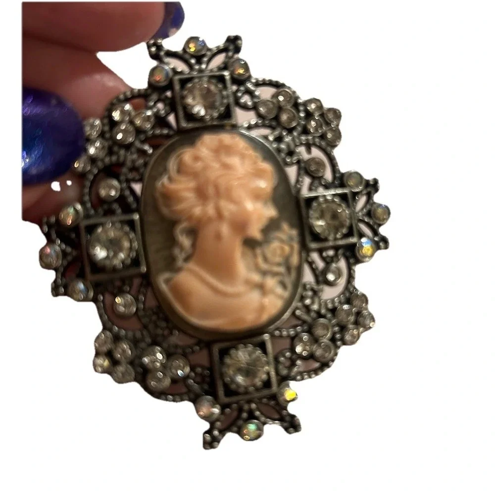 Vintage Cameo Style Rhinestone Brooch w Extenders Victorian Revival